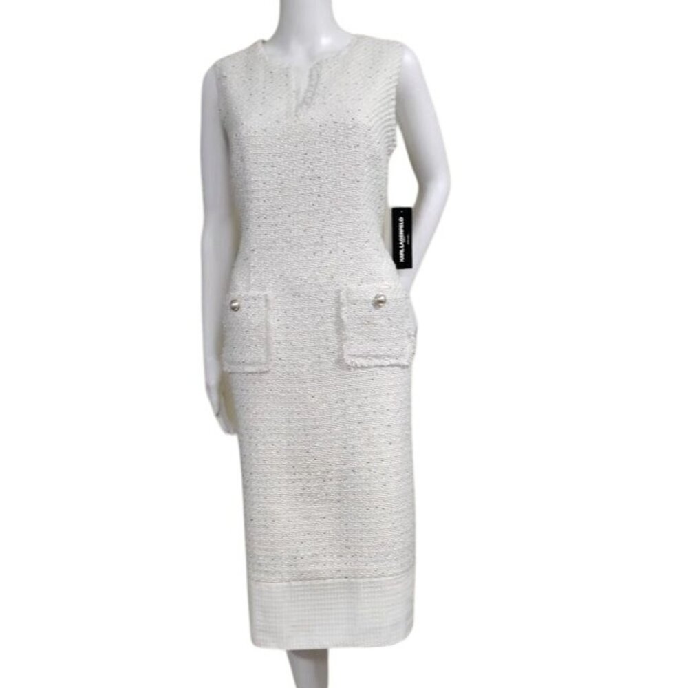 NWT Karl Lagerfield Paris Tweed Preppy Formal Shift Dress White Womens Size 10 - Picture 3 of 16